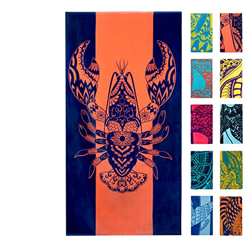 Nova Blue Lobster Beach Towel (34 X 63) - Solid Color Beach Towel Made from 100% Cotton – Coral Stripe Large Beach Towels with Tropical Design – Extra Large, XL Beach Blanket - Image 1