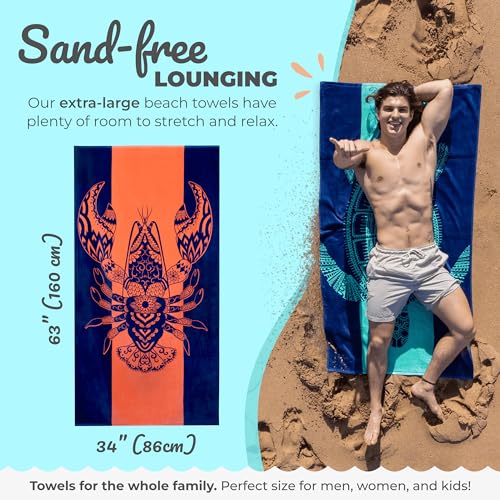 Nova Blue Lobster Beach Towel (34 X 63) - Solid Color Beach Towel Made from 100% Cotton – Coral Stripe Large Beach Towels with Tropical Design – Extra Large, XL Beach Blanket - Image 3