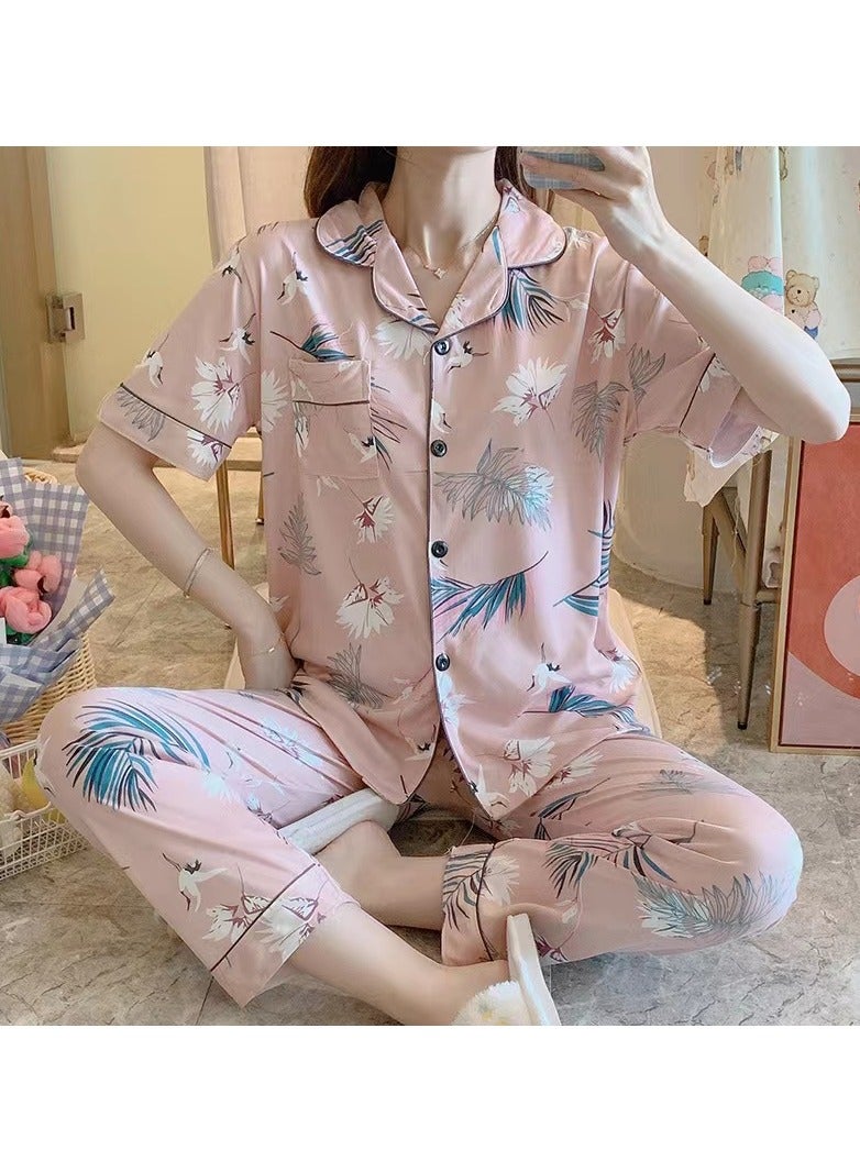 DubaiGallery Women Pyjamas Set PJ Ladies Silk Satin Short Sleeve Print Button Up Loungewear