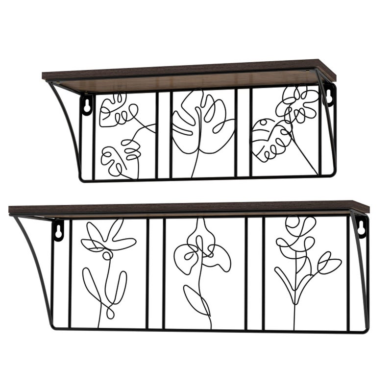 QUTREY Plant Wall Art Floating Shelves Set of 2, Minimalist Metal Abstract Decor Rustic Wooden Shelf for Living Room, Bedroom, Bathroom - Image 1