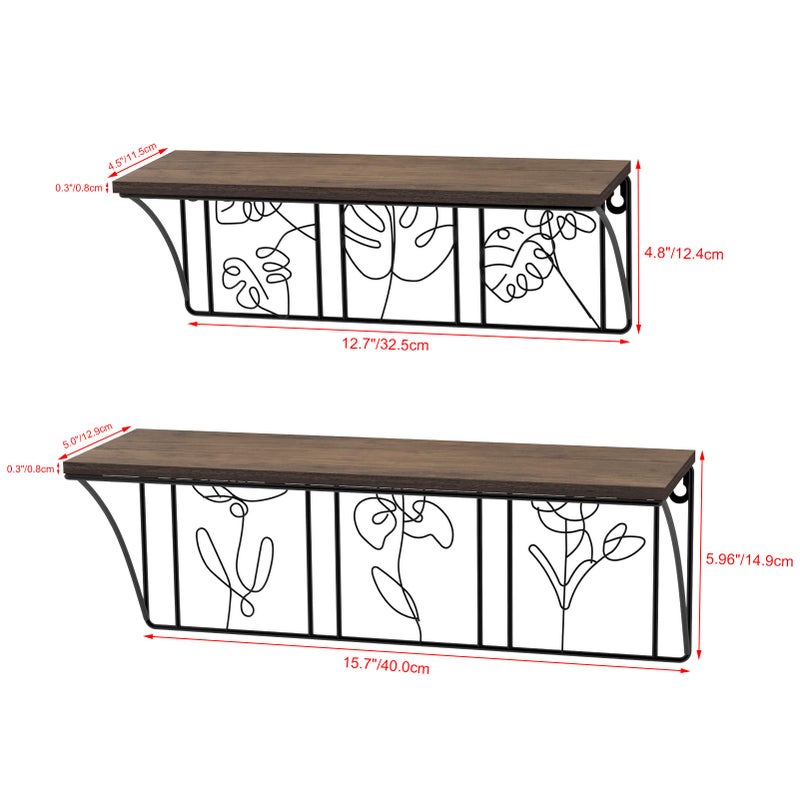 QUTREY Plant Wall Art Floating Shelves Set of 2, Minimalist Metal Abstract Decor Rustic Wooden Shelf for Living Room, Bedroom, Bathroom - Image 2