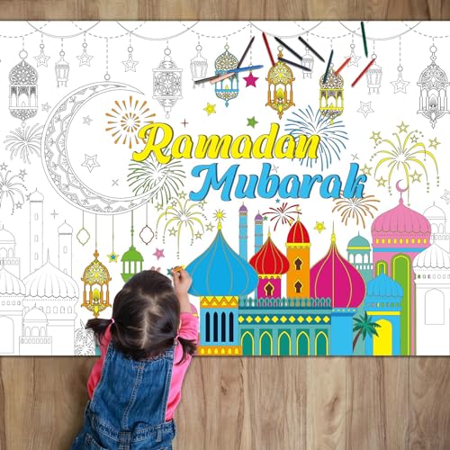Naozinebi Ramadan Mubarak Coloring Poster for Kids Giant Coloring Poster Large Ramadan Kareem Coloring Tablecloth Jumbo Coloring Books for Kids Classroom Home Birthday Party Supplies Favor - Image 1