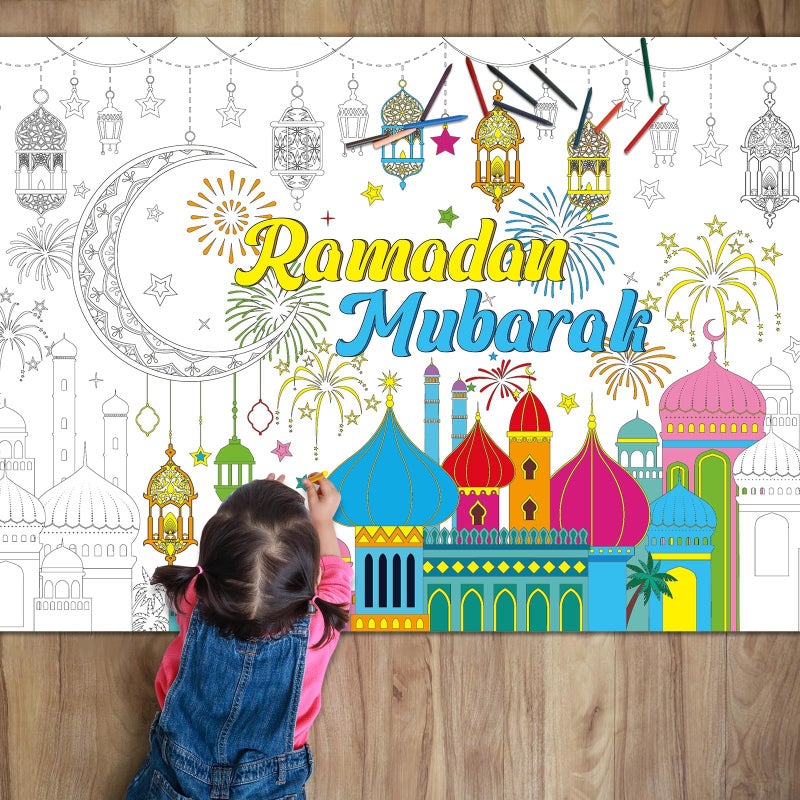Naozinebi Ramadan Mubarak Coloring Poster for Kids Giant Coloring Poster Large Ramadan Kareem Coloring Tablecloth Jumbo Coloring Books for Kids Classroom Home Birthday Party Supplies Favor - Image 2