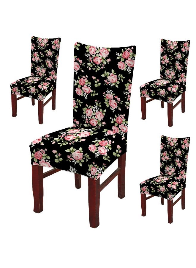 BRIDA® Stretchable Floral Printed Dining Chair Covers Elastic Chair Seat Case Protector, Slipcovers (4 Chair Cover, Black Pink), Polycotton Spandex - Image 1