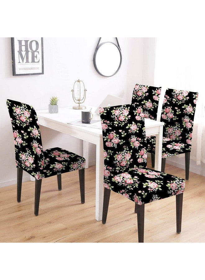 BRIDA® Stretchable Floral Printed Dining Chair Covers Elastic Chair Seat Case Protector, Slipcovers (4 Chair Cover, Black Pink), Polycotton Spandex - Image 2