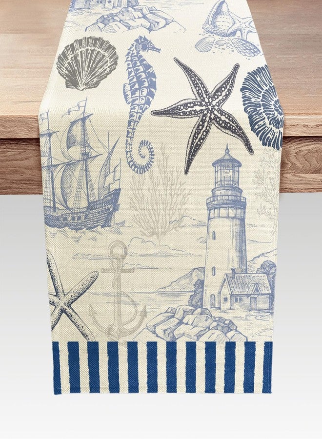 DeeCabin Summer Scallops Starfish Coral Coastal Table Runner, Retro Ocean Beach Sea Animals Theme Home Kitchen Dining Blue Nautical Table Runner 13x60IN, Indoor Outdoor Party Decor - Image 1