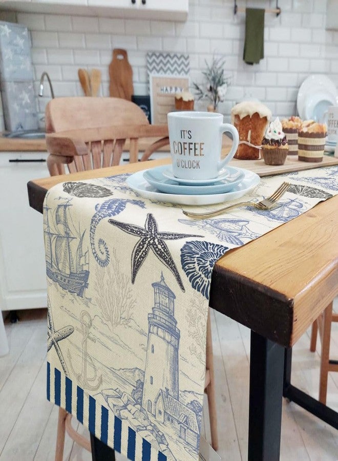 DeeCabin Summer Scallops Starfish Coral Coastal Table Runner, Retro Ocean Beach Sea Animals Theme Home Kitchen Dining Blue Nautical Table Runner 13x60IN, Indoor Outdoor Party Decor - Image 2