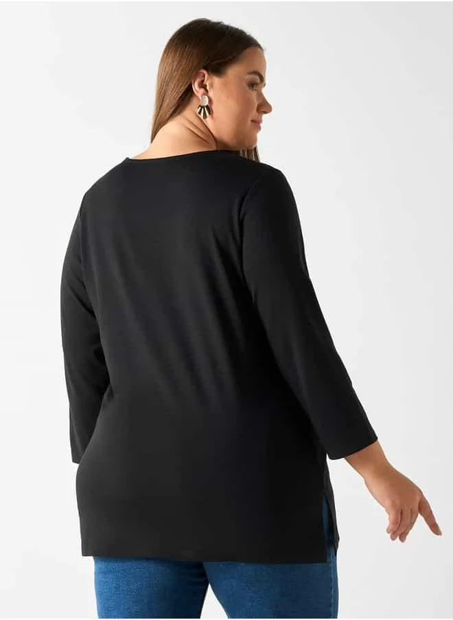 Ulla Popken Plus Size Ulla Popken Lace V-neck Top with Long Sleeves