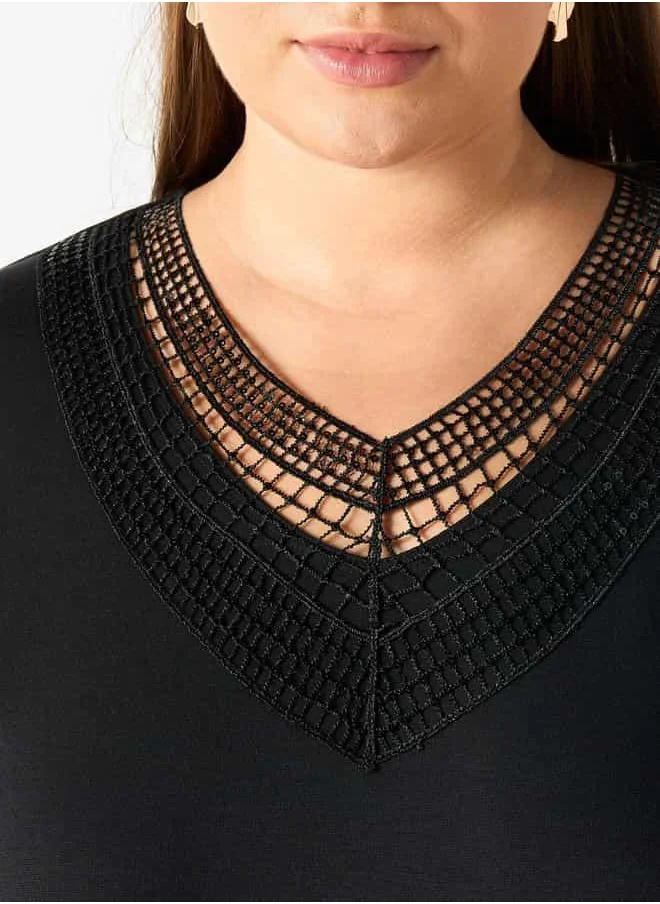 Ulla Popken Plus Size Ulla Popken Lace V-neck Top with Long Sleeves