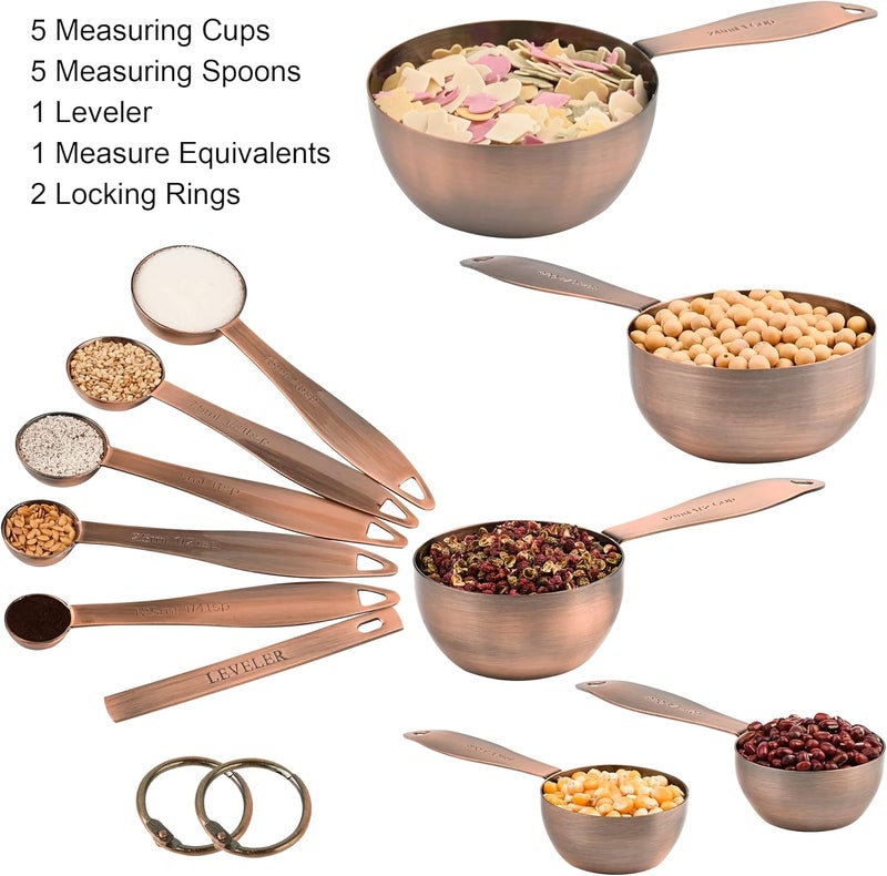 Smithcraft Measuring Cups and Spoons Set, 12 Pieces Stainless Steel Measuring Cup Set, Metal Copper Measuring Cups Spoons, Dry & Liquid Kitchen Measure Cup Spoon & Leveler & Measure Equivalents - Image 3