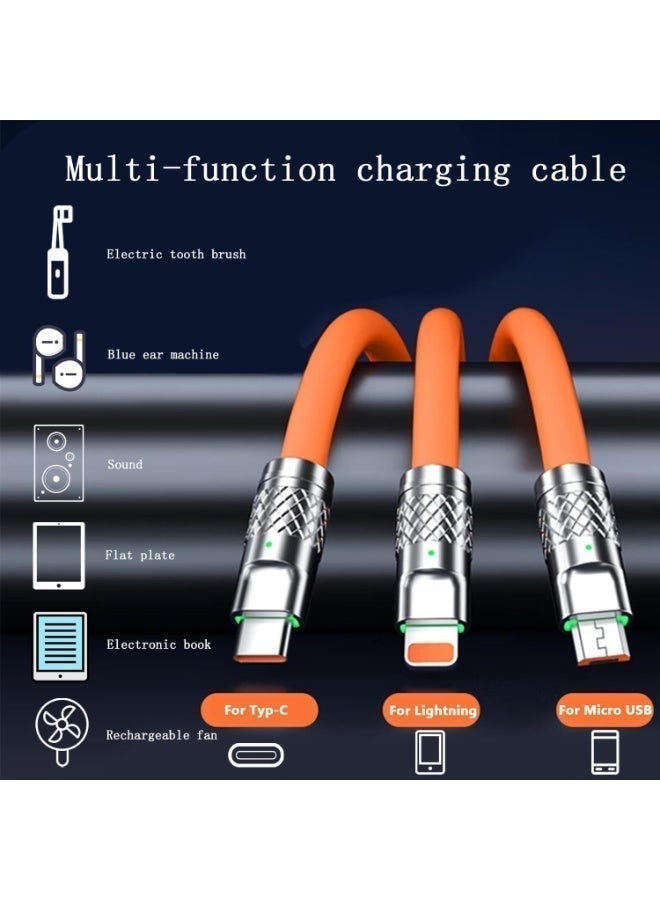 كابل شحن فائق السرعة 3 في 1 بقوة 120 واط | سلك بيانات متين من السيليكون السائل بطول 2 متر | شاحن عالمي لـ Lightning, Type-C, و Micro USB - Image 5