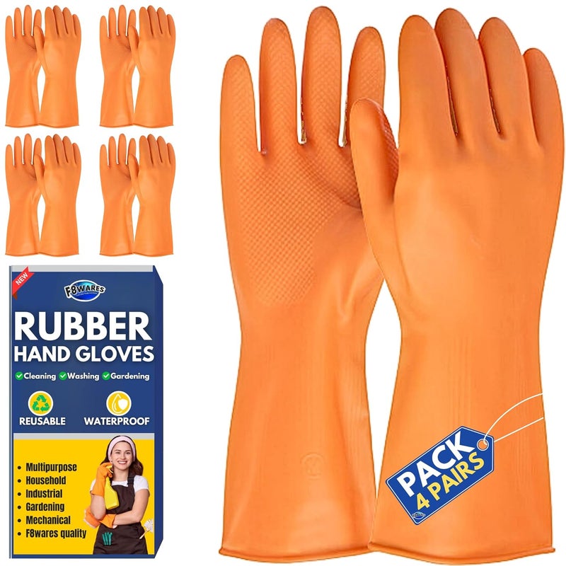 F8WARES F8WARES Reusable and Washable Dish washingKitchenIndustrialGardening Rubber Latex Cleaning Hand Gloves For Men Women 12 Inches Long Color Orange XL Pack of 4 Pairs