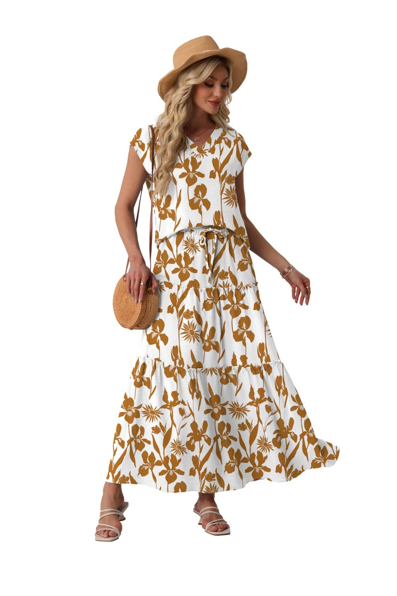 Lepunuo 2 Piece Outfits Skirt Sets for Women Flowy Maxi Skirts V Neck Shirts Travel Vacation Outfits - Image 2
