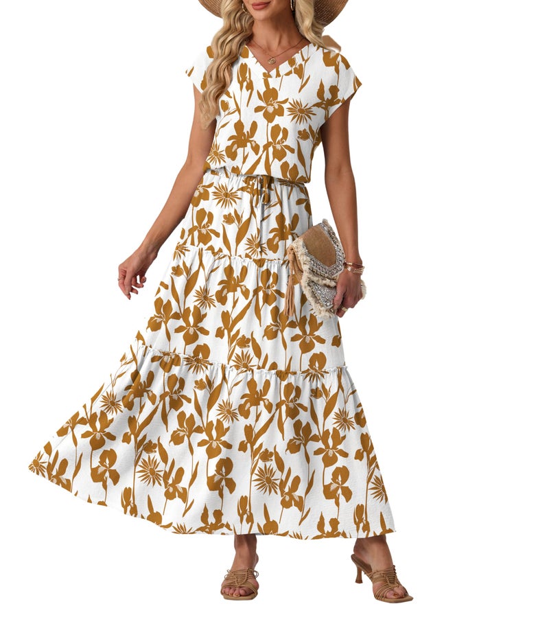 Lepunuo 2 Piece Outfits Skirt Sets for Women Flowy Maxi Skirts V Neck Shirts Travel Vacation Outfits - Image 1