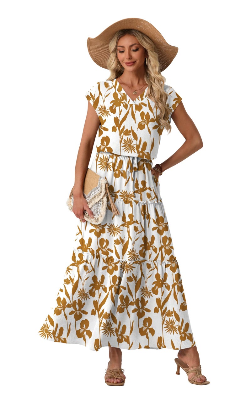 Lepunuo 2 Piece Outfits Skirt Sets for Women Flowy Maxi Skirts V Neck Shirts Travel Vacation Outfits - Image 5