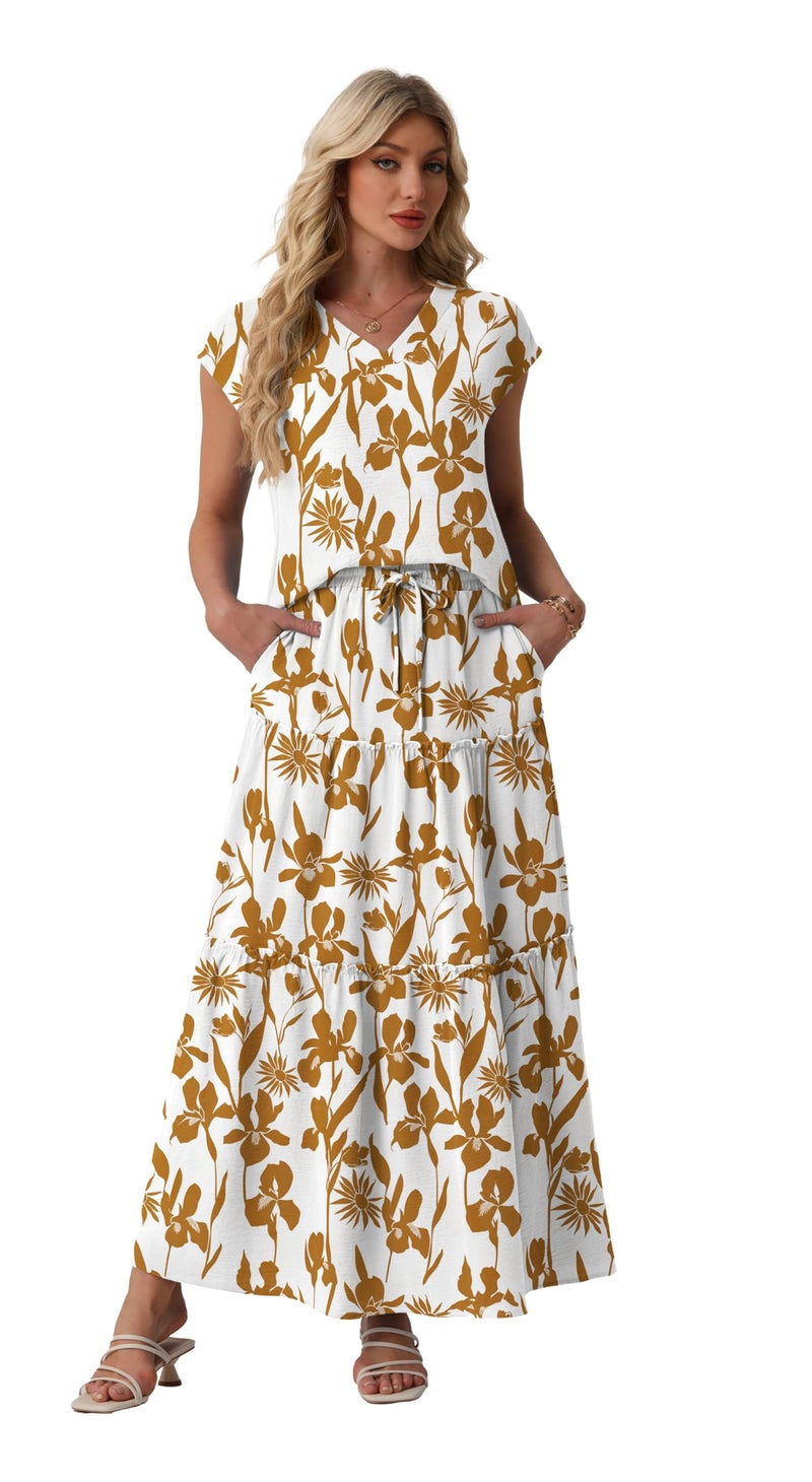 Lepunuo 2 Piece Outfits Skirt Sets for Women Flowy Maxi Skirts V Neck Shirts Travel Vacation Outfits - Image 4