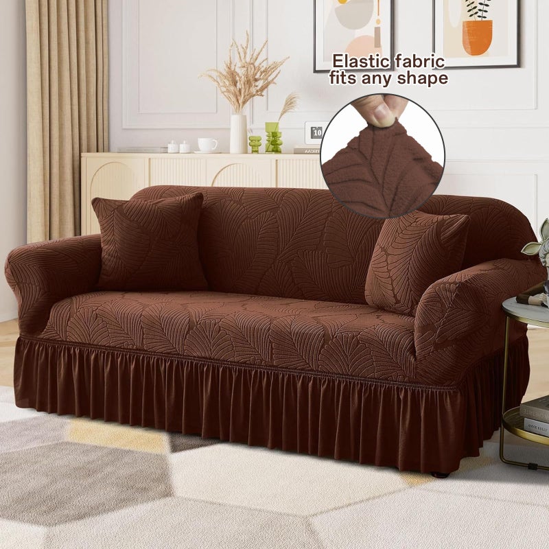 WONGS BEDDING Stretch Velvet Sofa Slipcover, Cushion Couch Cover with Skirt, Pet Friendly Durable Washable Stretchable, Easy Fit Universal Furniture Protector, (54"-82",Brown) - Image 2