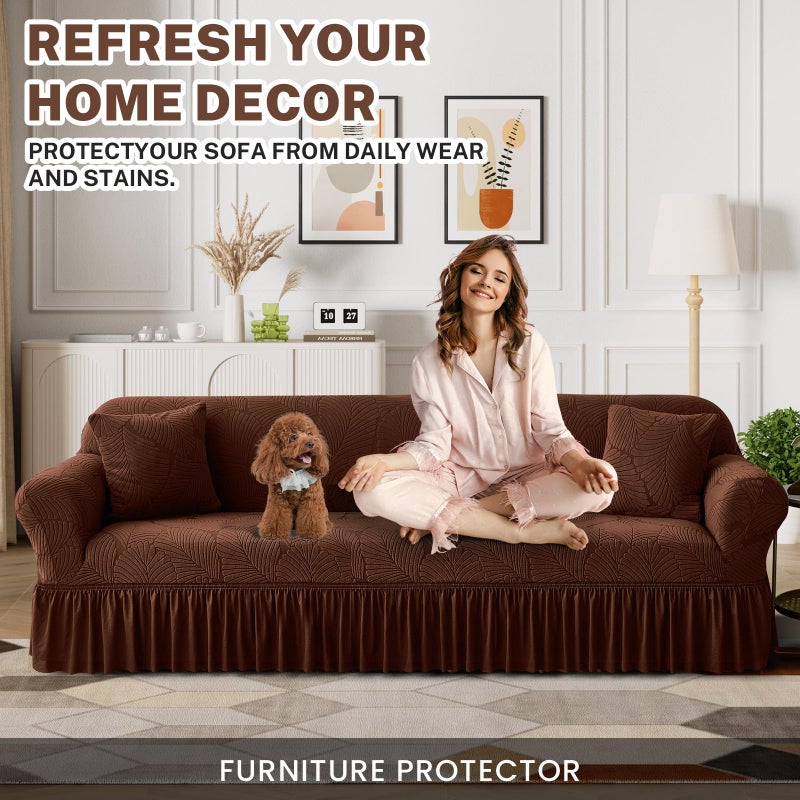 WONGS BEDDING Stretch Velvet Sofa Slipcover, Cushion Couch Cover with Skirt, Pet Friendly Durable Washable Stretchable, Easy Fit Universal Furniture Protector, (54"-82",Brown) - Image 3