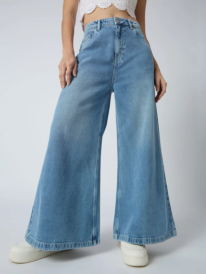 جلو باص جينز نسائي جلوبس قطن بخصر متوسط وأرجل واسعة