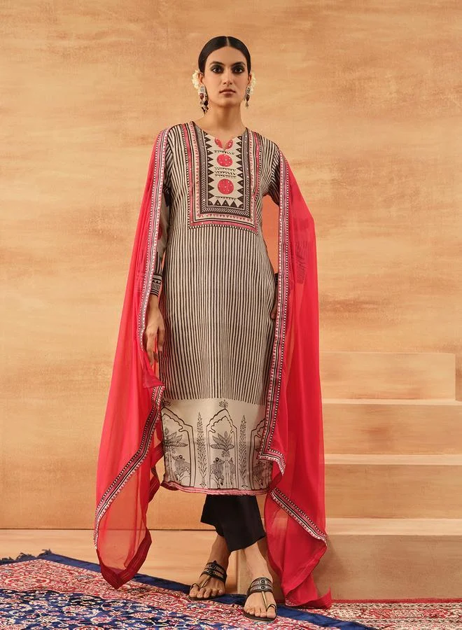 ISHIN Women's Off White Chinon Printed Tunic Top With Ankle Palazzo Straight 3 Peice Kurta Set