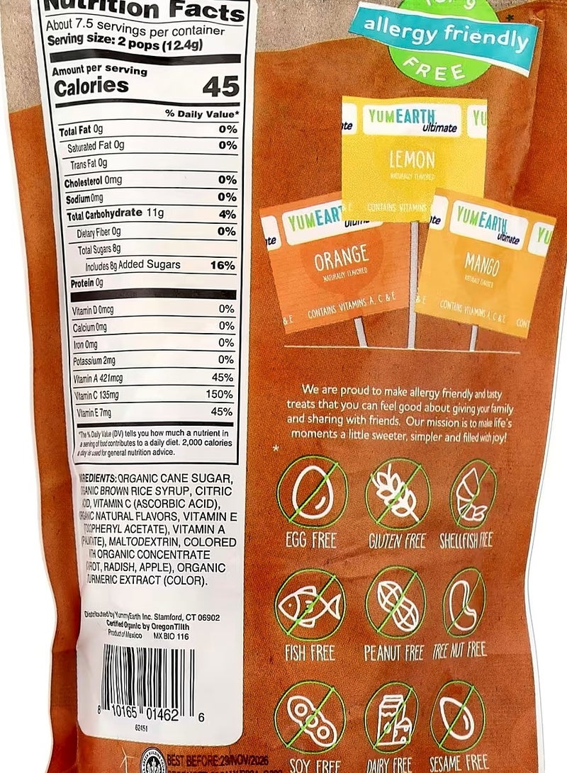 YumEarth Yum Earth, Organic Great Antioxidant Lollipops, 15 Lollipops, Mango, Orange, and Lemon Flavors, 3.3 oz (93 g) - Image 2