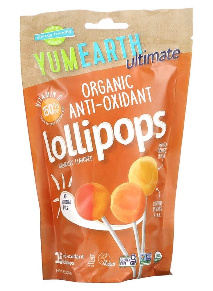 YumEarth Yum Earth, Organic Great Antioxidant Lollipops, 15 Lollipops, Mango, Orange, and Lemon Flavors, 3.3 oz (93 g) - Image 1