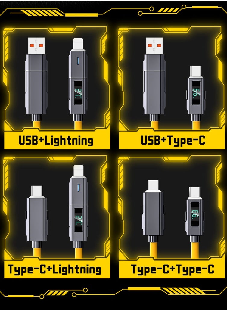 زشير - كابل عرض رقمي 4 في 1 بطول 2 متر، شحن سريع PD 66W + 27W، كابل شحن متعدد المنافذ (Lightning / Type-C / USB-A)، متوافق مع أجهزة Apple وAndroid وجميع الأجهزة الأخرى، سرعة نقل بيانات تصل إلى 480Mbps، بتصميم سايبربانك باللون الأصفر. - Image 1