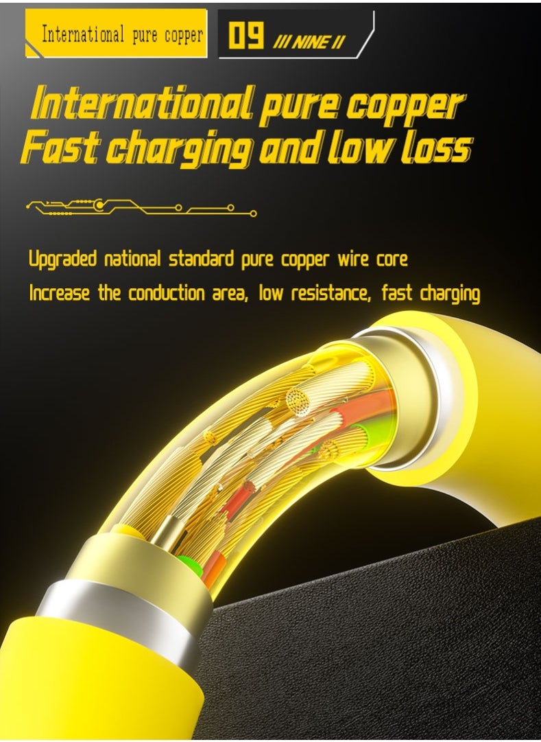 زشير - كابل عرض رقمي 4 في 1 بطول 2 متر، شحن سريع PD 66W + 27W، كابل شحن متعدد المنافذ (Lightning / Type-C / USB-A)، متوافق مع أجهزة Apple وAndroid وجميع الأجهزة الأخرى، سرعة نقل بيانات تصل إلى 480Mbps، بتصميم سايبربانك باللون الأصفر. - Image 1