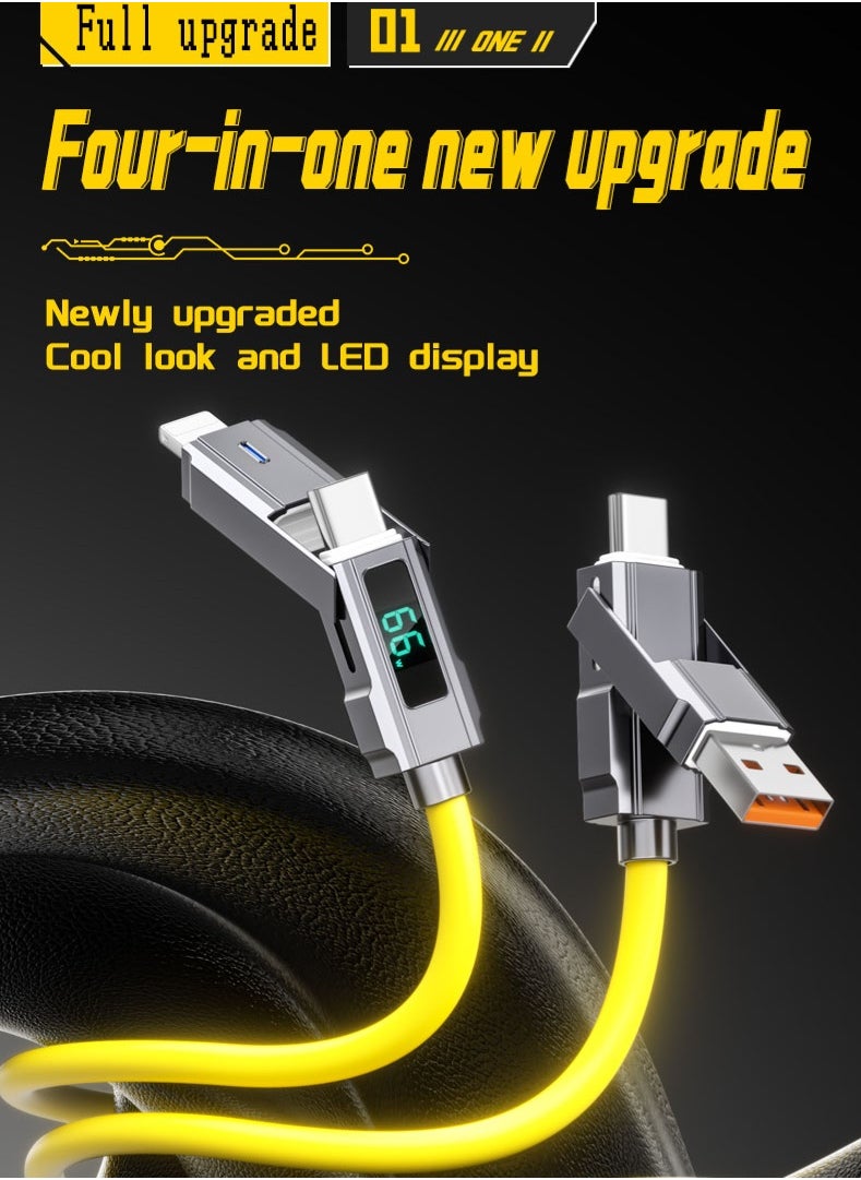 زشير - كابل عرض رقمي 4 في 1 بطول 2 متر، شحن سريع PD 66W + 27W، كابل شحن متعدد المنافذ (Lightning / Type-C / USB-A)، متوافق مع أجهزة Apple وAndroid وجميع الأجهزة الأخرى، سرعة نقل بيانات تصل إلى 480Mbps، بتصميم سايبربانك باللون الأصفر. - Image 1