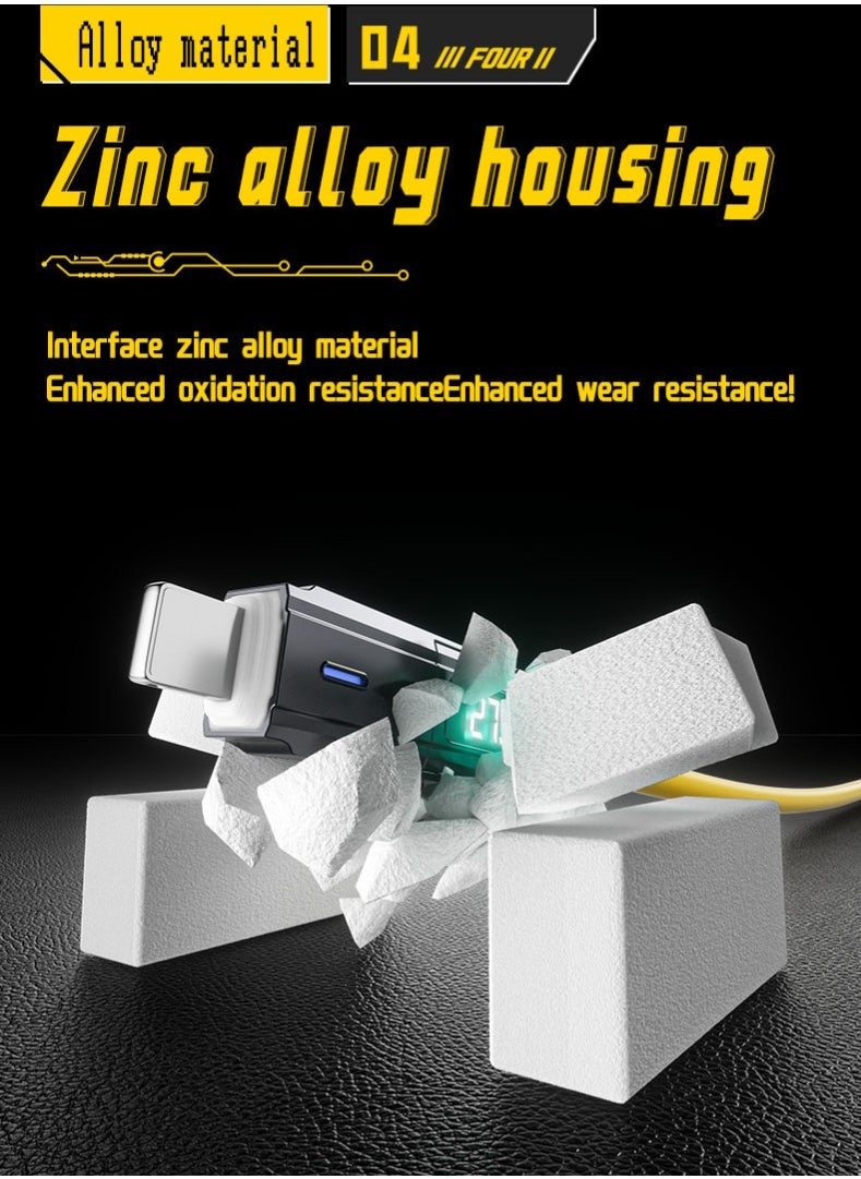 زشير - كابل عرض رقمي 4 في 1 بطول 2 متر، شحن سريع PD 66W + 27W، كابل شحن متعدد المنافذ (Lightning / Type-C / USB-A)، متوافق مع أجهزة Apple وAndroid وجميع الأجهزة الأخرى، سرعة نقل بيانات تصل إلى 480Mbps، بتصميم سايبربانك باللون الأصفر. - Image 1