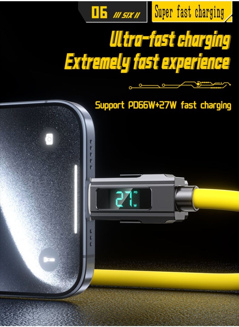 زشير - كابل عرض رقمي 4 في 1 بطول 2 متر، شحن سريع PD 66W + 27W، كابل شحن متعدد المنافذ (Lightning / Type-C / USB-A)، متوافق مع أجهزة Apple وAndroid وجميع الأجهزة الأخرى، سرعة نقل بيانات تصل إلى 480Mbps، بتصميم سايبربانك باللون الأصفر. - Image 1