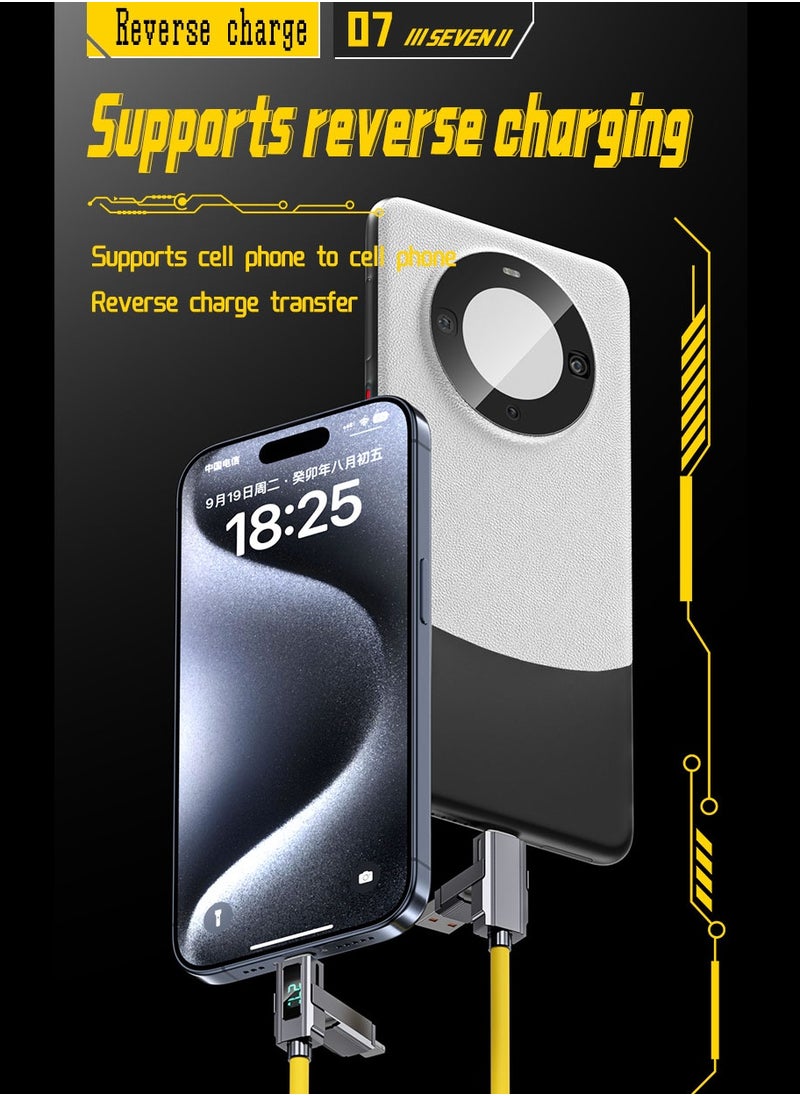 زشير - كابل عرض رقمي 4 في 1 بطول 2 متر، شحن سريع PD 66W + 27W، كابل شحن متعدد المنافذ (Lightning / Type-C / USB-A)، متوافق مع أجهزة Apple وAndroid وجميع الأجهزة الأخرى، سرعة نقل بيانات تصل إلى 480Mbps، بتصميم سايبربانك باللون الأصفر. - Image 1