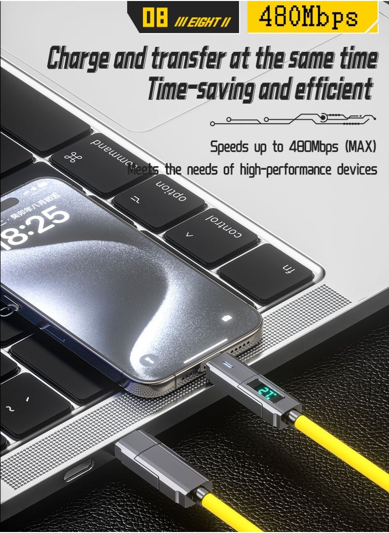 زشير - كابل عرض رقمي 4 في 1 بطول 2 متر، شحن سريع PD 66W + 27W، كابل شحن متعدد المنافذ (Lightning / Type-C / USB-A)، متوافق مع أجهزة Apple وAndroid وجميع الأجهزة الأخرى، سرعة نقل بيانات تصل إلى 480Mbps، بتصميم سايبربانك باللون الأصفر. - Image 1