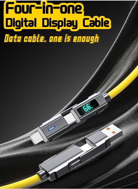 كابل عرض رقمي 4 في 1 بطول 2 متر، شحن سريع PD 66W + 27W، كابل شحن متعدد المنافذ (Lightning / Type-C / USB-A)، متوافق مع أجهزة Apple وAndroid وجميع الأجهزة الأخرى، سرعة نقل بيانات تصل إلى 480Mbps، بتصميم سايبربانك باللون الأصفر.