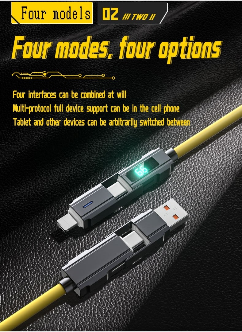 زشير - كابل عرض رقمي 4 في 1 بطول 2 متر، شحن سريع PD 66W + 27W، كابل شحن متعدد المنافذ (Lightning / Type-C / USB-A)، متوافق مع أجهزة Apple وAndroid وجميع الأجهزة الأخرى، سرعة نقل بيانات تصل إلى 480Mbps، بتصميم سايبربانك باللون الأصفر. - Image 1