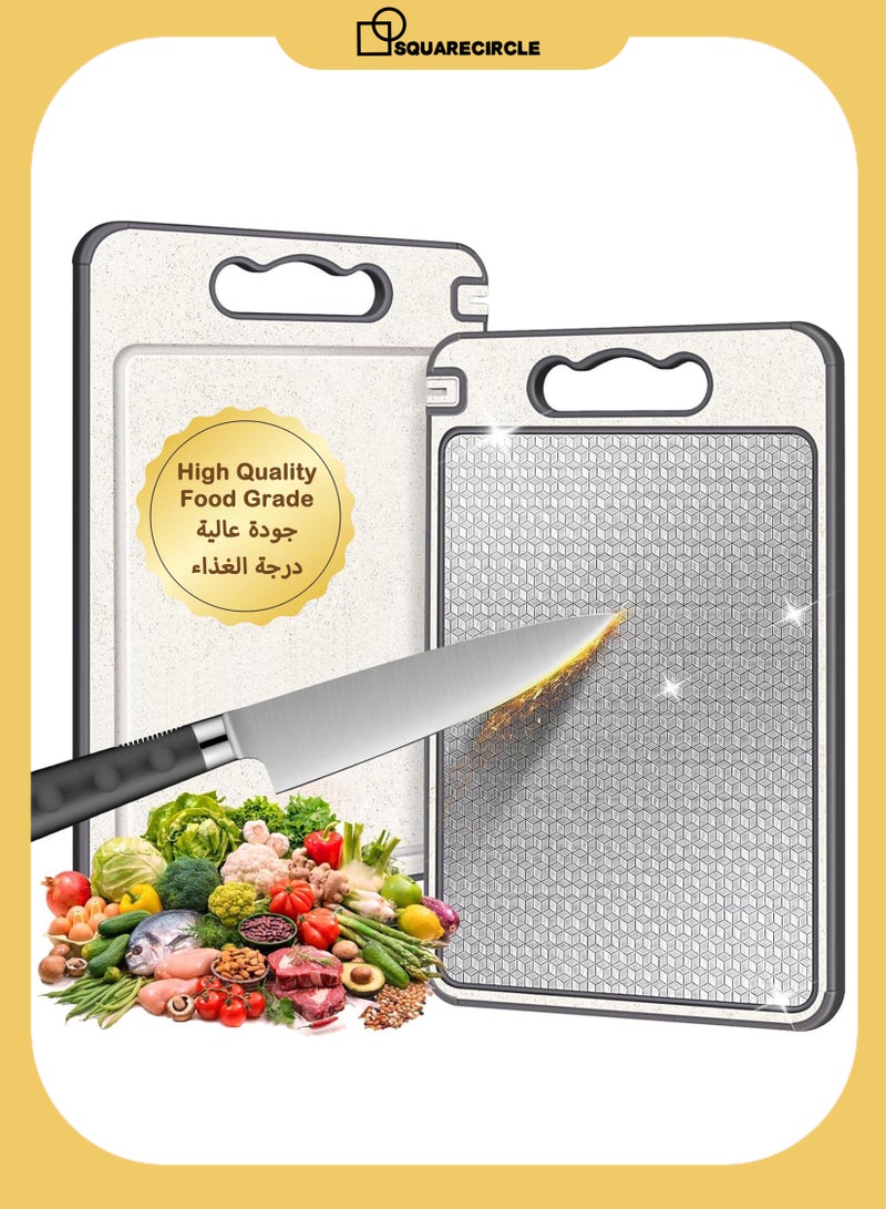 دائرة مربعة لوح تقطيع من الفولاذ المقاوم للصدأ 304 - لوح تقطيع متين معزز بالتيتانيوم، مناسب لتقطيع اللحوم والخبز والجبن والخضراوات والدجاج والشواء والفواكه | لوح مطبخ مقاوم للبكتيريا ومضاد للانزلاق، آمن غذائيًا، مزود بفتحة لتوزيع العصير، مقاس 36.5 سم × 25 سم - Image 1