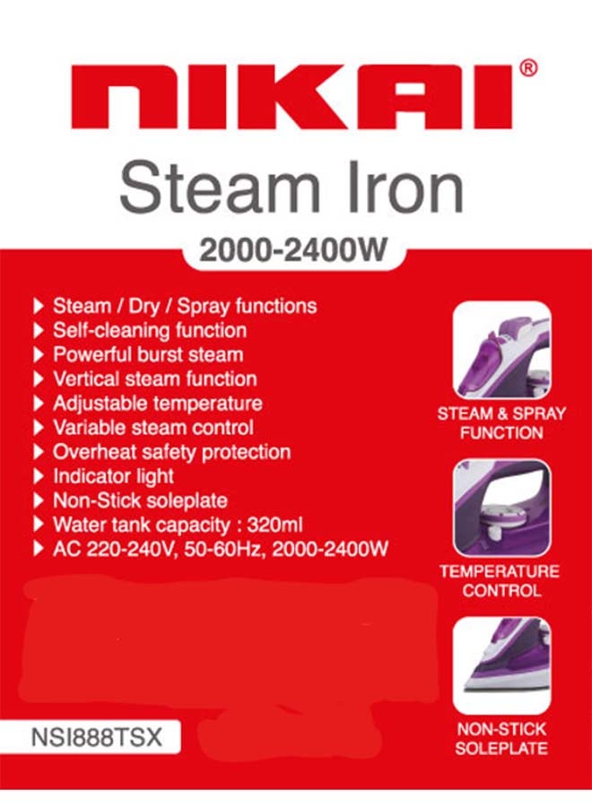NIKAI 2000-2400 Watts Steam Iron, Dry/ Spray Function, 320 ml Water Tank, Non-Stick Sole Plate, Vertical Steam Function, Overheat Protection 320 ml 2400 W NSI888TSX Purple/White - Image 3