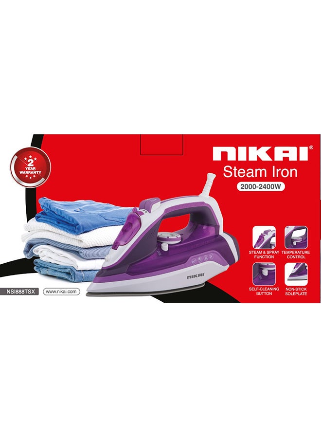 NIKAI 2000-2400 Watts Steam Iron, Dry/ Spray Function, 320 ml Water Tank, Non-Stick Sole Plate, Vertical Steam Function, Overheat Protection 320 ml 2400 W NSI888TSX Purple/White - Image 2