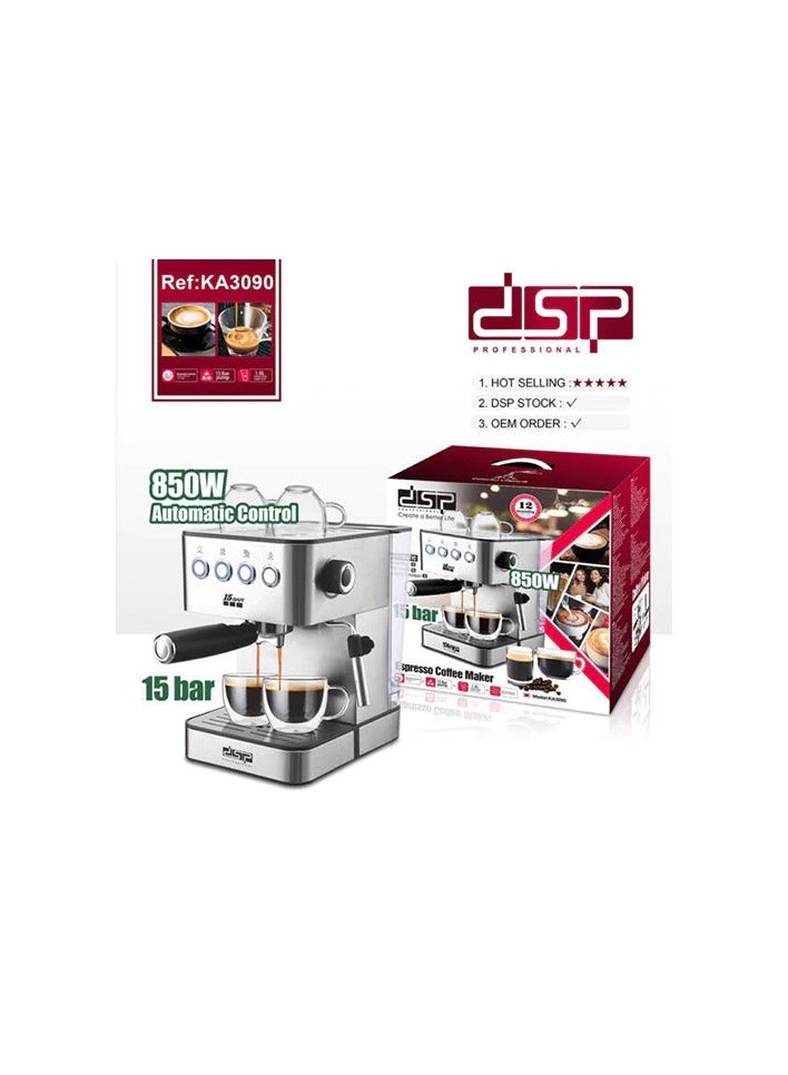 DSP DSP Espresso Machine, Barista Filter Holder Machine with 850 W, 20 Bar Pressure, Coffee Machine with Milk Frother, Double Spout, Removable Drip Grid, 1.6 L Water Tank, Warming Plate (Touch) - Image 4