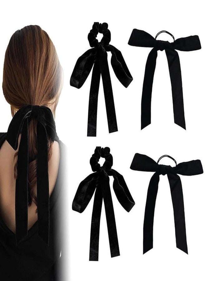 Minta 4Pcs Luxury Velvet Bow Hair Ties, Long Velvet Elastic Bow Tie Ribbon Elegant Hair Rope Hair Styling Accessories Twisted Criss Cross Knotted Hairband Long Tail Bow - Image 1