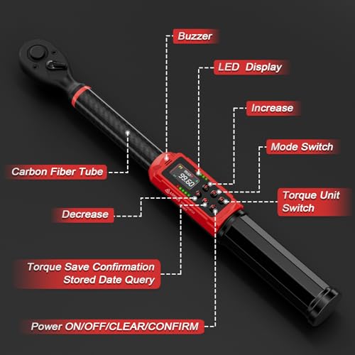 ANPUDS Digital Torque Wrench 3/8 Drive, Carbon Fiber Tube, 1.5-99.6Ft.lb/2-135Nm, ±1% Accuracy, Electric Torque Wrench Set with 3/8" to 1/2" Adapter, 125mm Extension Bar for Bike & Motorcycle - Image 4