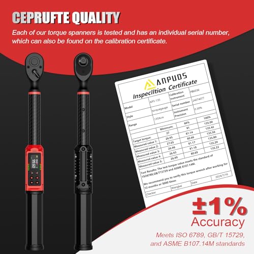 ANPUDS Digital Torque Wrench 3/8 Drive, Carbon Fiber Tube, 1.5-99.6Ft.lb/2-135Nm, ±1% Accuracy, Electric Torque Wrench Set with 3/8" to 1/2" Adapter, 125mm Extension Bar for Bike & Motorcycle - Image 3