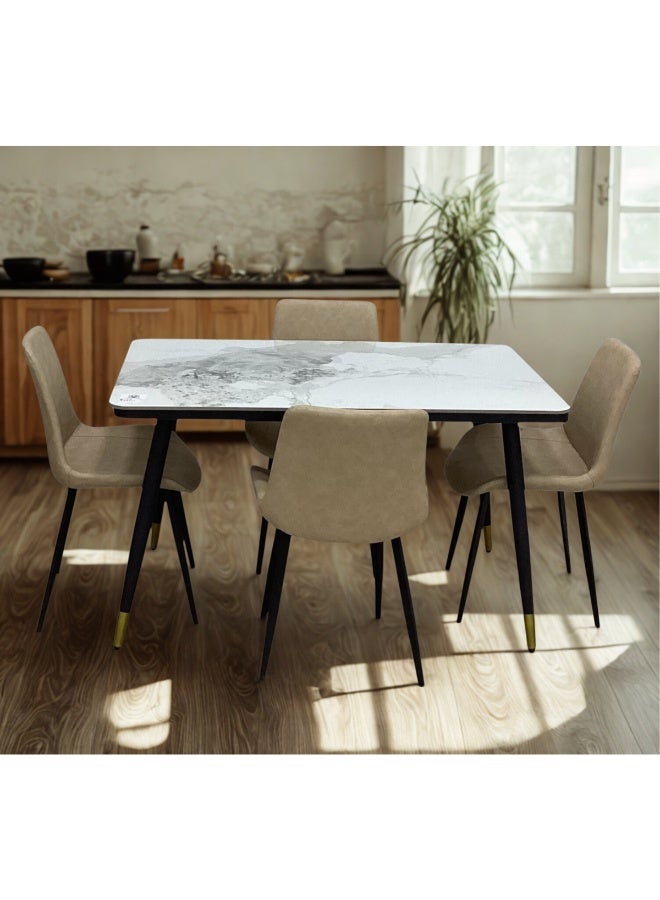 SMART HOME 5 Piece Ceramic Dining Table Set Consists of a table with a ceramic top and sturdy metal bases with 4 luxurious upholstered chairs, Dining table with 4 seats Table size 130x80x80 cm and chair size 80x45x45 cm - Image 1