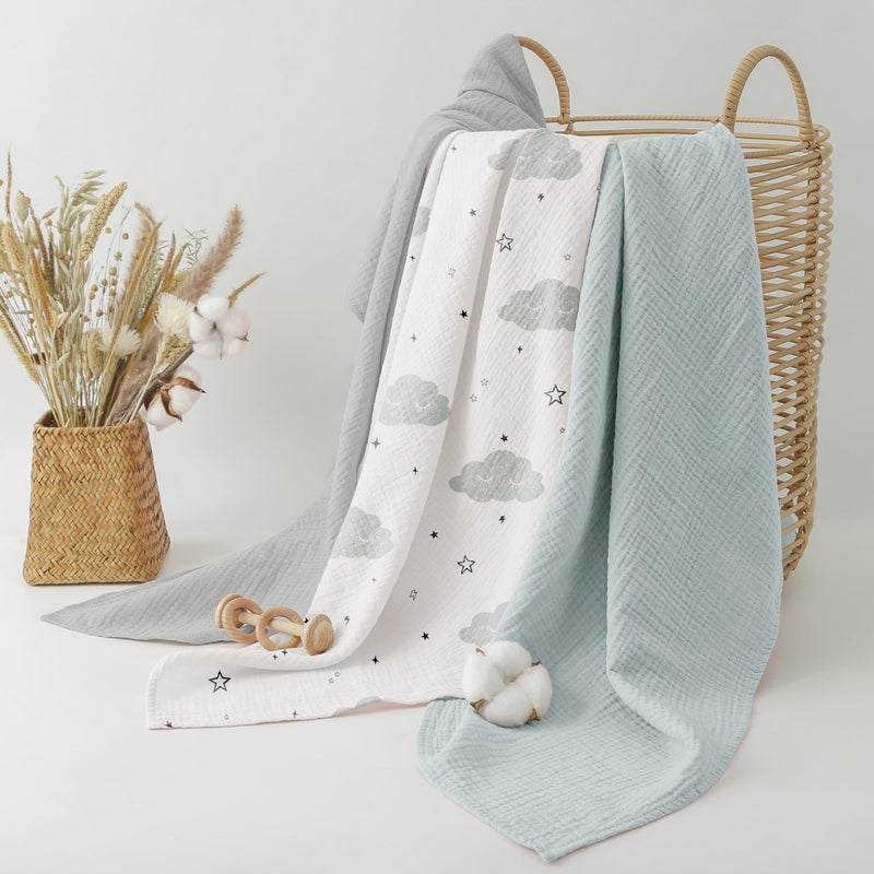 Bearmoss Muslin Swaddle Blankets, 40 x 38 inches Baby Swaddle for Boys and Girls, Soft Baby Blanket, 3 Pack Breathable Nursery Receiving Blankets (Cloud) - Image 5