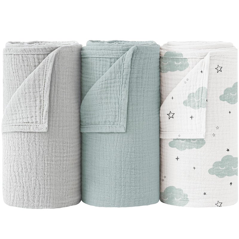 Bearmoss Muslin Swaddle Blankets, 40 x 38 inches Baby Swaddle for Boys and Girls, Soft Baby Blanket, 3 Pack Breathable Nursery Receiving Blankets (Cloud) - Image 1