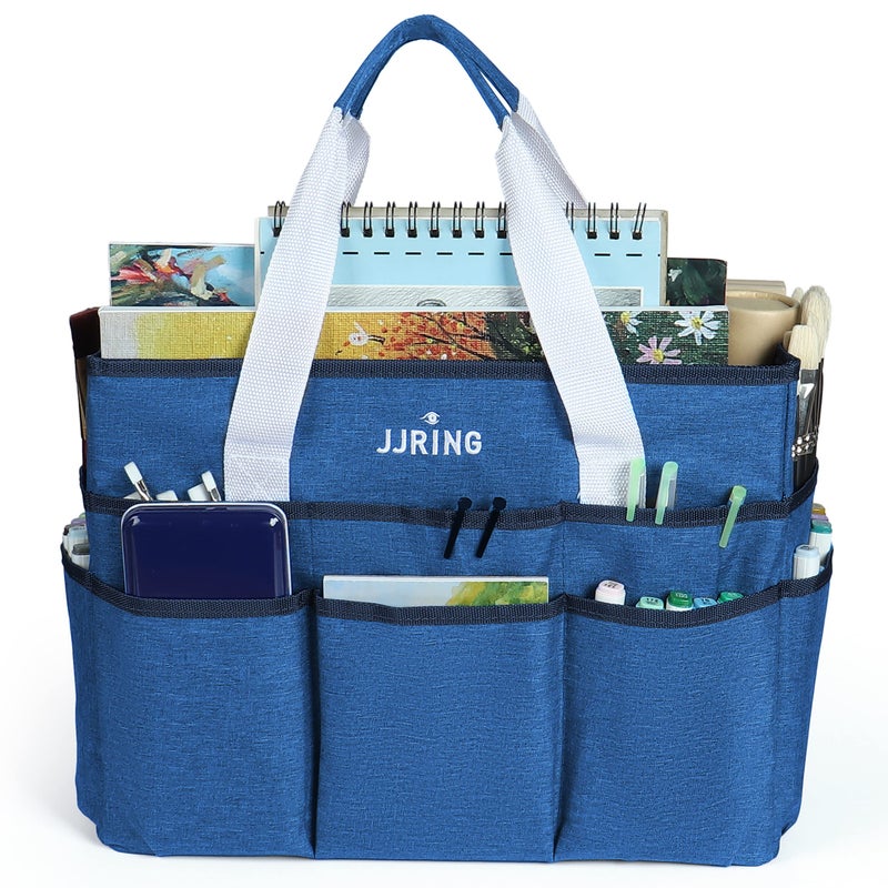 JJRING Craft Organizer Tote Bag Large Art Storage Caddy with Multiple Pockets Blue Sewing Bag for Art Craft Scrapbooking Medical and Office Supplies Storage