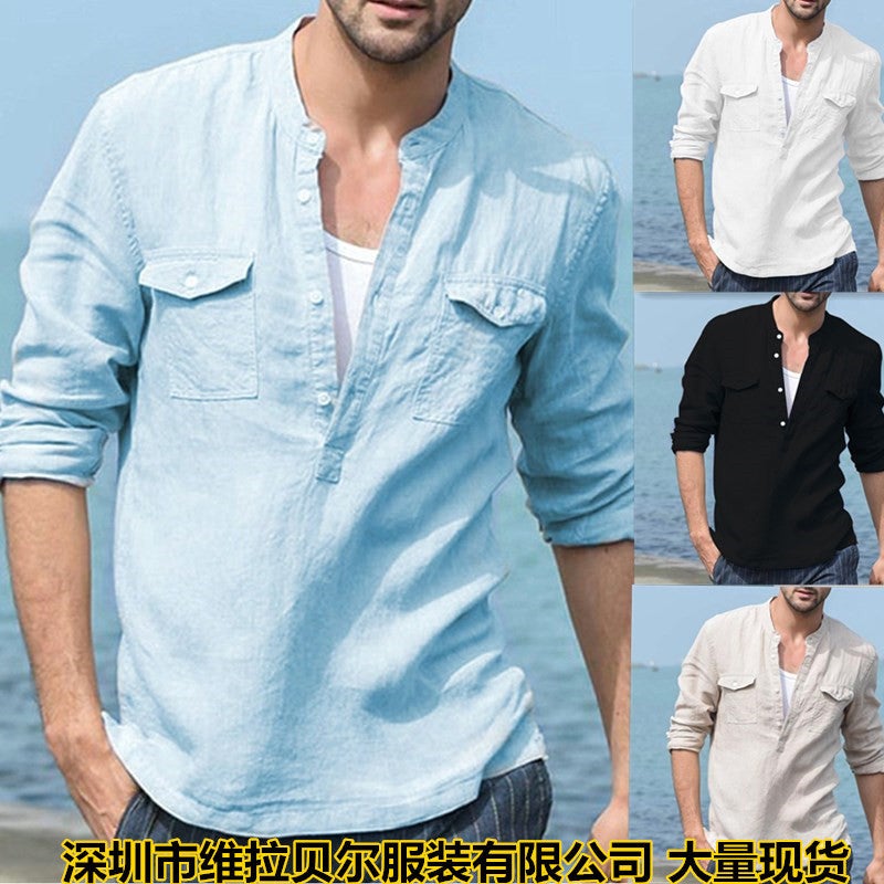 Men's Cotton Linen Blend Long Sleeve Stand Collar Shirt - Image 1