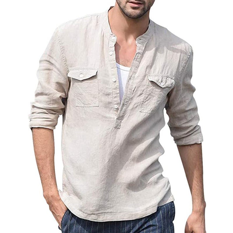 Men's Cotton Linen Blend Long Sleeve Stand Collar Shirt - Image 3