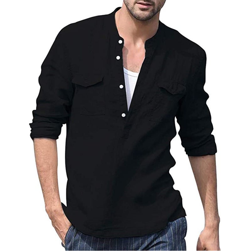 Men's Cotton Linen Blend Long Sleeve Stand Collar Shirt - Image 4