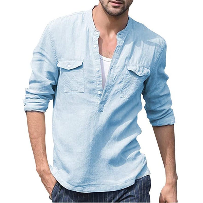 Men's Cotton Linen Blend Long Sleeve Stand Collar Shirt - Image 2